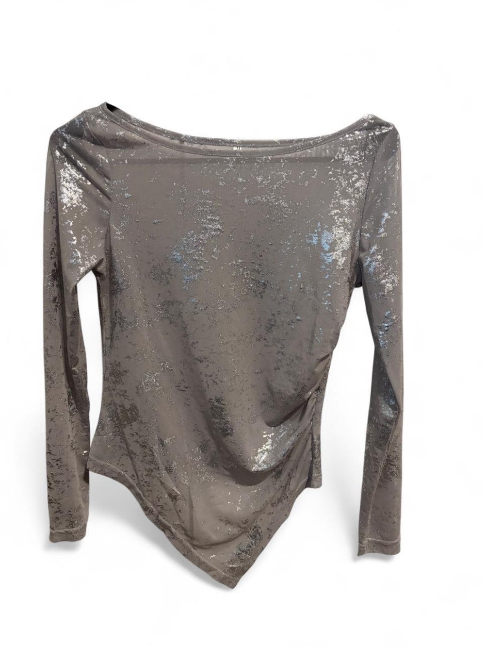 Sheer Metallic Silver-Accent Boatneck Long-Sleeve Top